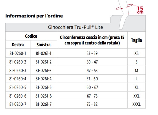 Tabella misure ginocchiera true-pull-lite donjoy